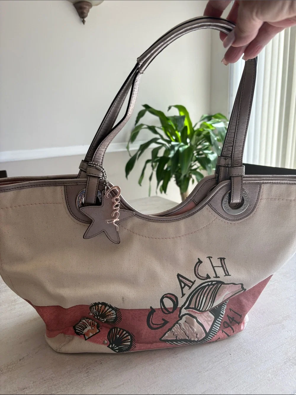 Coach Canvas Tote with Taupe Star Charm and Rose Gold Script